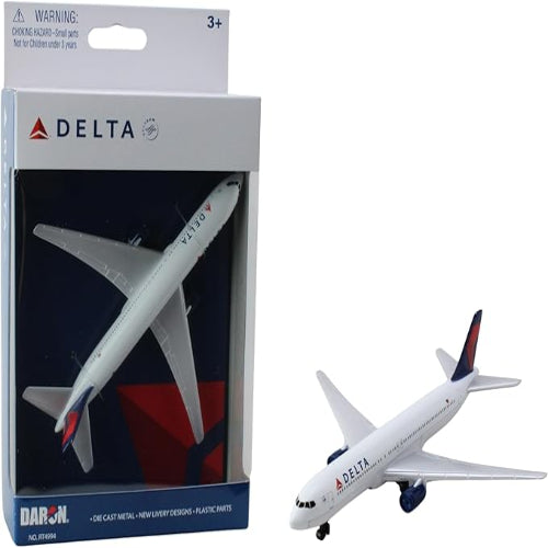 Delta model airplane in front of its packaging