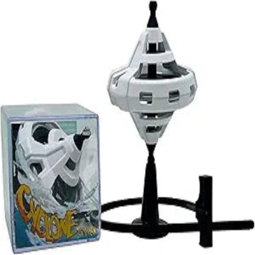 White toy spaceship with black base on a white background