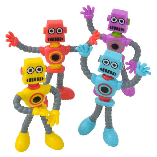 A set of colorful bendable robot figures with multiple joints, displayed in various poses.