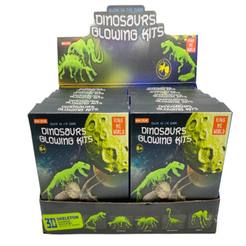 Packaging for a Dinosaur Glow In The Dark Skeleton Model Kit showing boxes with constructed dinosaur models illuminated in green.