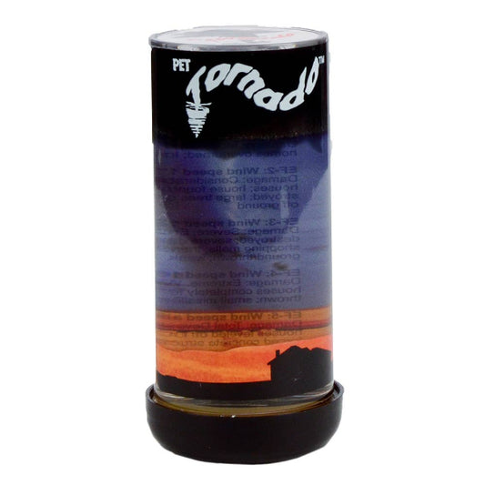 A toy container labeled 'Pet Tornado' with a graphic of a funnel cloud and a dog, indicating it is a toy designed to create a tornado effect with pets.