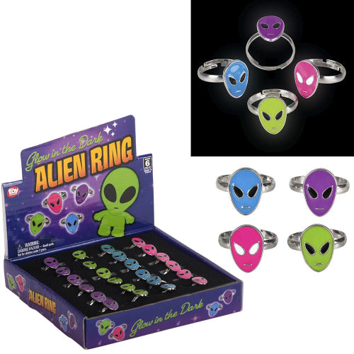Glow-in-the-dark alien rings in packaging with close-up of colorful rings.