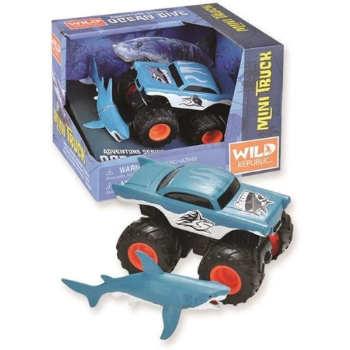 Toy truck with shark figure and packaging on a white background