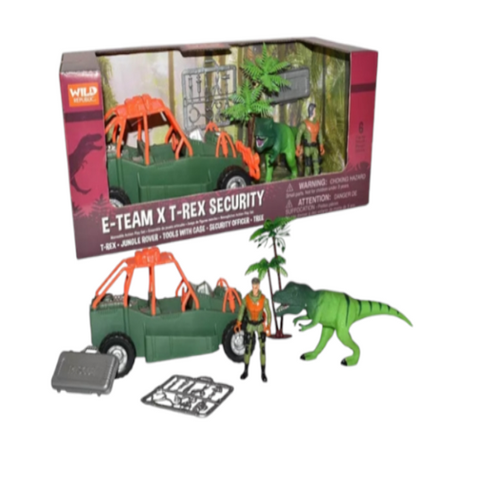 A Tyrannosaurus Rex Security Playset by Wild Republic, featuring a green dinosaur figure, a toy car, a person figurine, and other accessories.