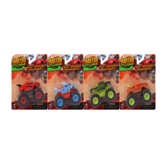 Five packages of Motor Rush toy trucks on a white background