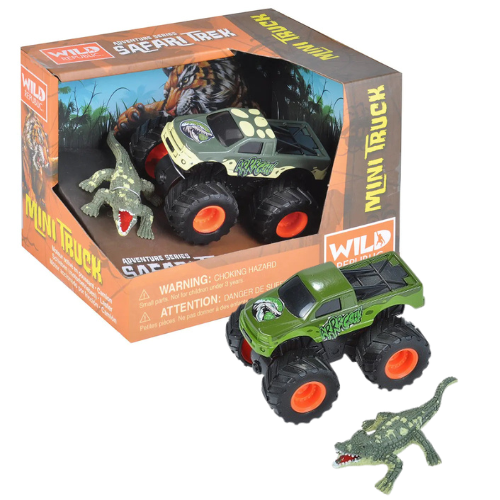 Toy monster truck with dinosaur figure in front of its packaging