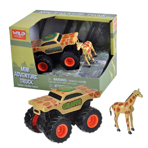 Toy truck and giraffe figure in packaging with Wild Republic branding