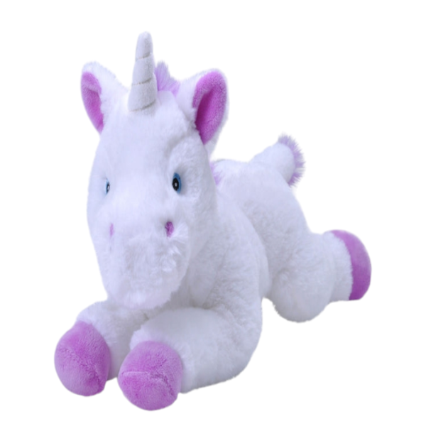 A plush unicorn toy with white body, purple accents on the hooves and horn, and blue eyes.