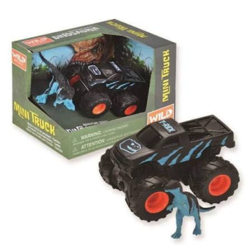 Toy monster truck with dinosaur figure next to its packaging
