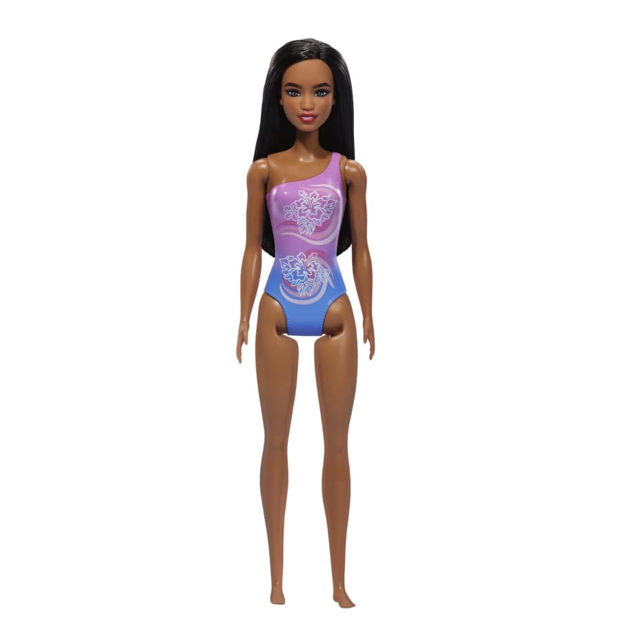 Beach Barbie Doll With Dark Brown Hair Wearing Tropical Purple Swimsuit