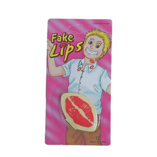 Packaged product of fake lips with a cartoon character on a pink background