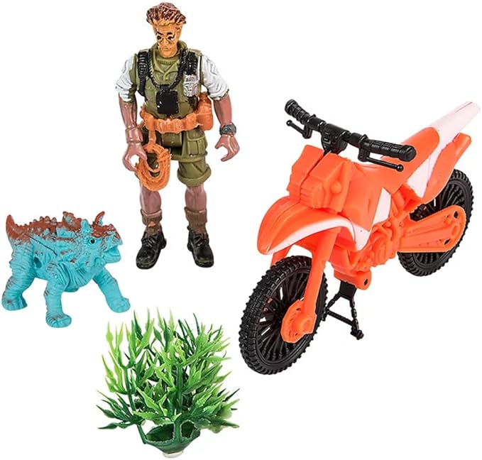 Adventure Planet Dinosaur Playset 2 Action Figure with Motorcycle and Dinosaur with Bush