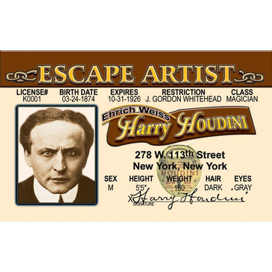 Harry Houdini Escape Artist Laminated Parody  Fake ID Card