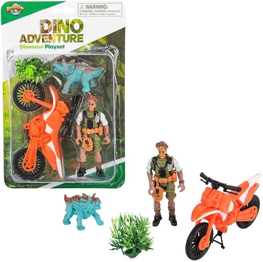 Adventure Planet Dinosaur Playset 2 Action Figure with Motorcycle and Dinosaur with Bush