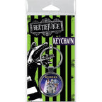 Beetlejuice keychain packaging with green and black striped design