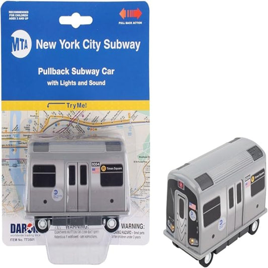 Model of a New York City Subway car with pullback feature, lights, and sound on packaging.