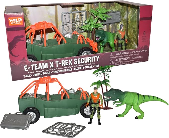 Wild Republic E-Team Security Playset  T-Rex Figurine, Action Figure, Jungle Rover Vehicle & Accessories