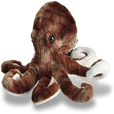 A plush toy resembling an octopus with brown body and white tentacles, designed with a realistic appearance.