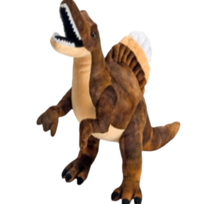 A plush toy resembling a Spinosaurus dinosaur with a brown color and detailed facial markings.