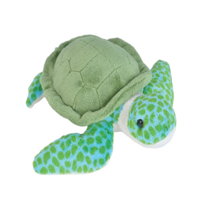 A plush toy depicting a green turtle with blue patterns on its shell and limbs, designed with lifelike eyes and detailed facial markings.