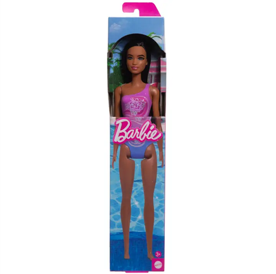 Beach Barbie Doll With Dark Brown Hair Wearing Tropical Purple Swimsuit