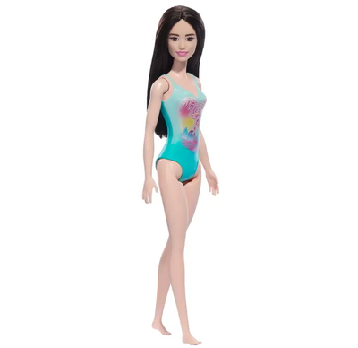 Beach Barbie Doll With Black Hair Wearing Tropical Blue Swimsuit