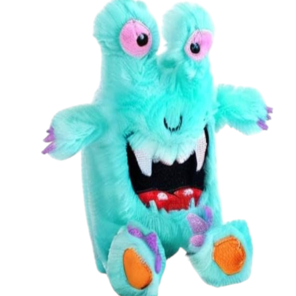 A plush toy resembling a stylized blue monster with large eyes, sharp teeth, and soft fur.