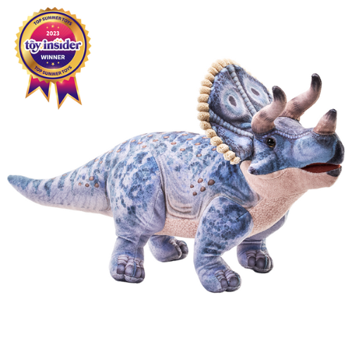 A plush toy resembling a Triceratops dinosaur with blue and gray coloring, designed for children.