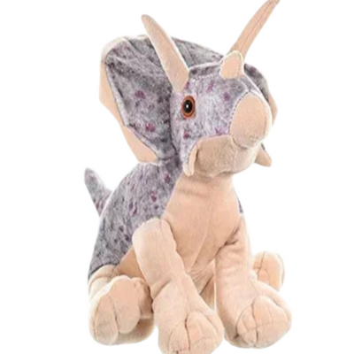 A plush toy resembling a Triceratops dinosaur with a primarily beige body, gray and purple markings on the head, and a horned crest.