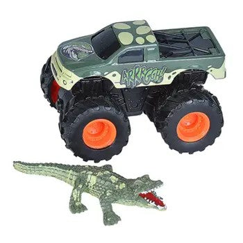 A toy adventure truck with a crocodile toy attached to it. The truck is green with a camouflage pattern and has large black tires.