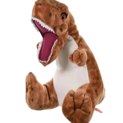 A plush toy resembling a Tyrannosaurus Rex with a brown color and detailed facial markings.