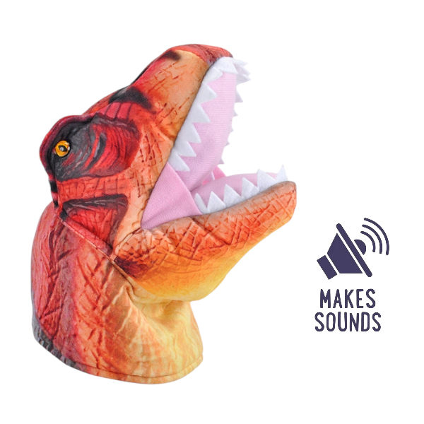 A plush Tyrannosaurus Rex puppet with detailed fabric texture, predominantly red and orange with gray highlights, depicting the dinosaur's head and neck. The puppet is designed to make sounds.