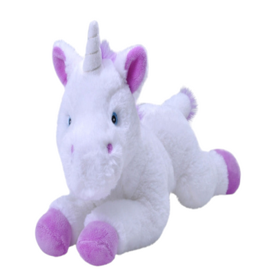A plush unicorn toy with white body, purple accents on the hooves and horn, and blue eyes.