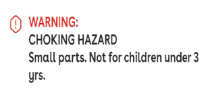 Warning label indicating choking hazard with small parts and restriction for children under 3 years on a white background.