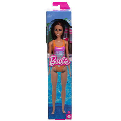 Beach Barbie Doll With Light Brown Hair Wearing Tropical Pink And Orange Swimsuit
