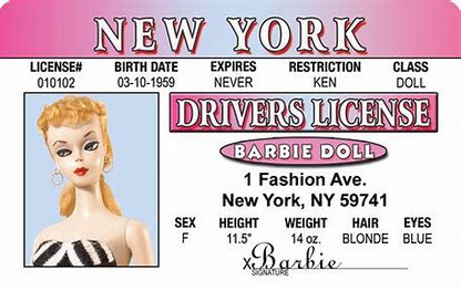 Barbie  Laminated Parody  Fake ID Card