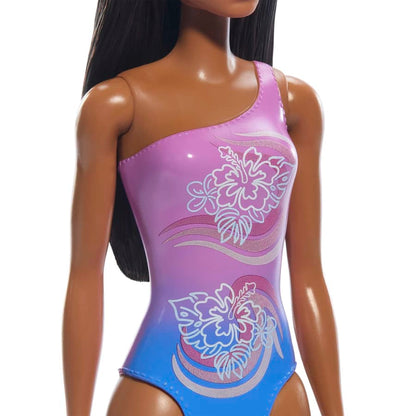 Beach Barbie Doll With Dark Brown Hair Wearing Tropical Purple Swimsuit
